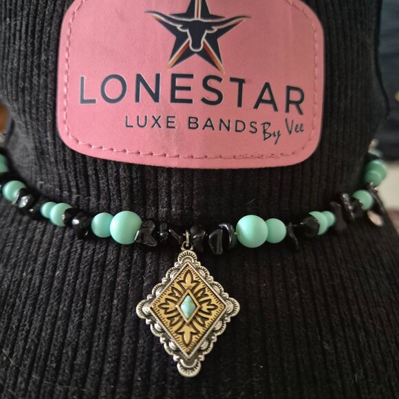 Cowgirl Western Hat Band Turquoise Beads & Metal Diamond Pendant - Picture 4 of 4